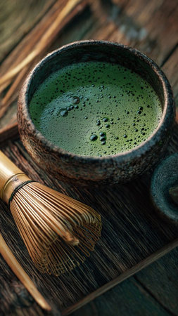 Green matcha tea in a cup and whisk on a wooden table