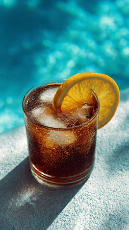 Glass of cola with ice and lemon on the background of the swimming poolの写真素材