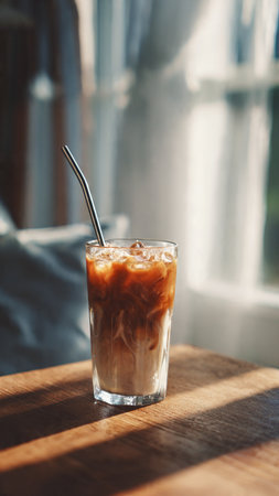 Iced coffee in a glass on a wooden table. Selective focus.