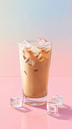 Iced coffee with ice cubes on pastel pink and blue background