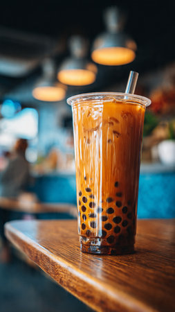 Iced Thai Milk Tea with Bubbles on Wooden Table in Coffee Shopの写真素材