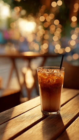 Iced coffee in a glass on a wooden table in a cafeの写真素材