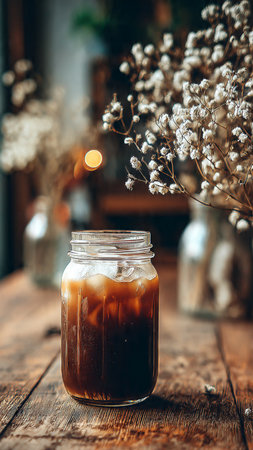 Iced coffee in a glass jar on a wooden rustic background.の写真素材