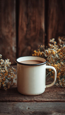 Coffee cup and dry flowers on wooden table with copy spaceの写真素材
