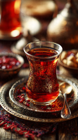 Tea in a glass on an old background. Selective focus.の写真素材