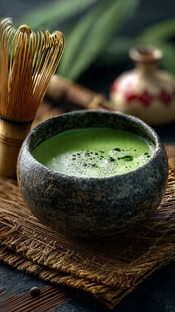 Matcha green tea in a bowl with bamboo whisk, selective focus