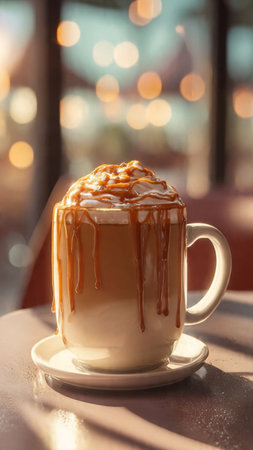 Coffee with caramel on the table in cafe, stock photoの写真素材