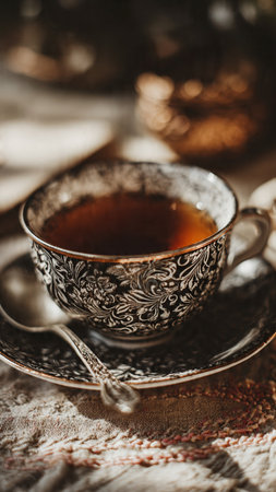 A cup of tea on the table. Selective focus. Vintage style.の写真素材