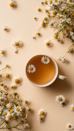 Cup of tea with chamomile flowers on beige backgroundの写真素材