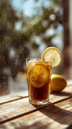 Glass of cola with lemon and ice on a wooden table in the rainの写真素材