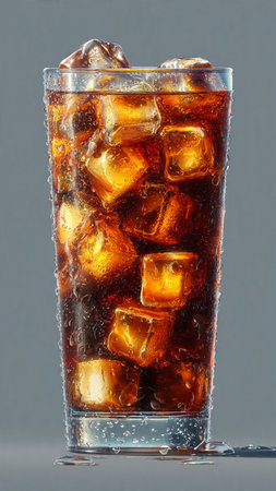 glass of cola with ice cubes on gray background, close-upの写真素材