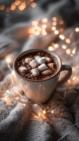 Cup of hot chocolate with marshmallows on knitted blanketの写真素材