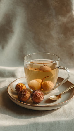 Cup of tea with litchi fruits on table, closeupの写真素材