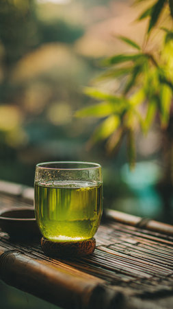 Green tea in a glass cup on a bamboo table with green backgroundの写真素材