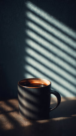 Cup of coffee with shadow from the window on a wooden tableの写真素材