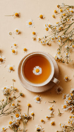 Cup of herbal tea with chamomile flowers on beige backgroundの写真素材