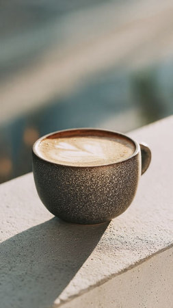 Coffee cup on the terrace of a cafe with sunlightの写真素材