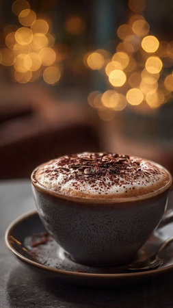 Cup of coffee with chocolate and bokeh lights on backgroundの写真素材
