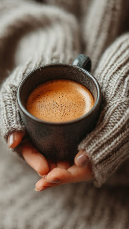 Female hands in warm sweater holding cup of coffee, close-upの写真素材
