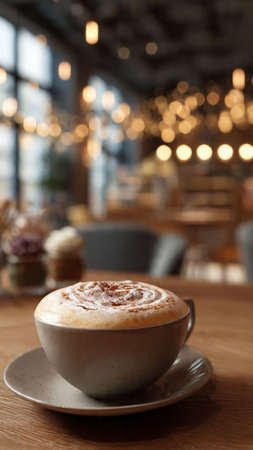 Cup of cappuccino on wooden table in cafe, closeupの写真素材