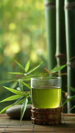 Green tea in glass and bamboo on bamboo mat, on green backgroundの写真素材