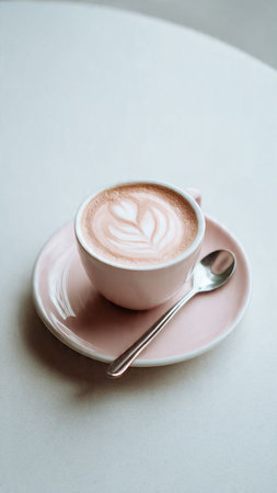 Hot latte art coffee in pink cup on white table, stock photoの写真素材