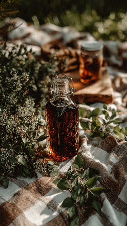 Bottle of herbal tincture with thyme on the tableの写真素材