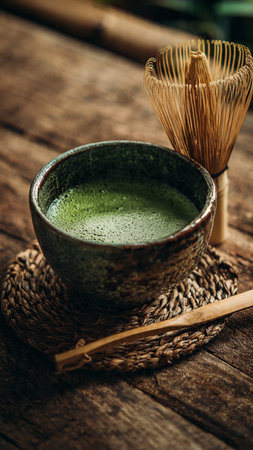Matcha green tea in a cup and bamboo whisk on a wooden tableの写真素材