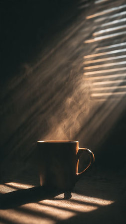Cup of coffee on a dark background with sunbeams.の写真素材