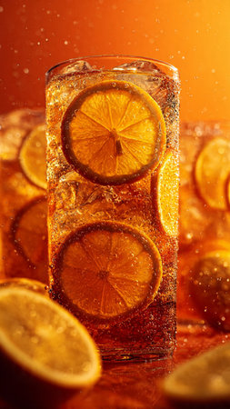 Cocktail with ice cubes and lemon slices on orange background.の写真素材