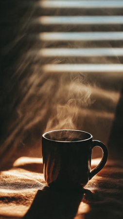 Cup of coffee in the rays of the sun on a background of blindsの写真素材