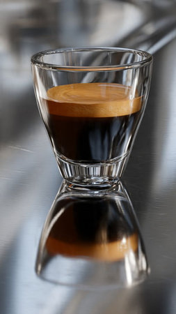 Espresso in a glass on a stainless steel background, close-upの写真素材