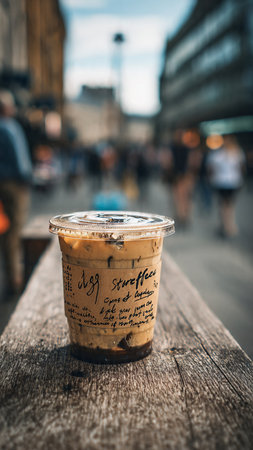 Iced coffee in a disposable cup on a wooden table in Paris, France