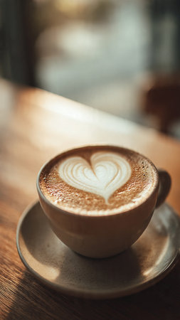 Coffee cup with heart shape on wooden table in coffee shopの写真素材