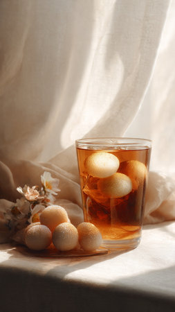 Eggs in a glass on a background of a white curtainの写真素材