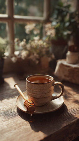 Cup of hot tea with honey on wooden table in sunlight.の写真素材
