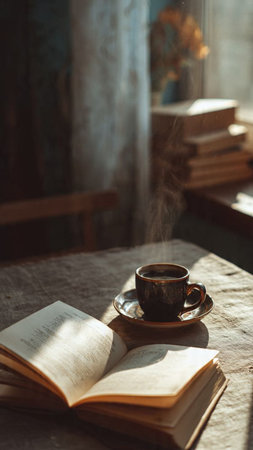 Cup of coffee and books on the table in the morning.の写真素材