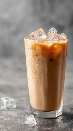 Iced coffee in a tall glass with ice cubes on gray background