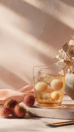 Fresh ripe rambutan fruits in glass with ice cubes on tableの写真素材