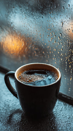 Cup of coffee on a rainy day with raindrops on the windowの写真素材