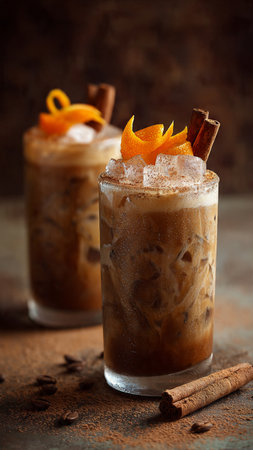 Iced coffee with orange and cinnamon on dark background, selective focus