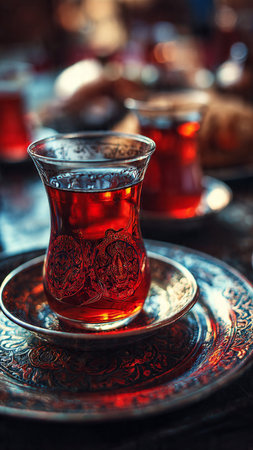 Turkish tea in oriental style. Selective focus. Toned.の写真素材