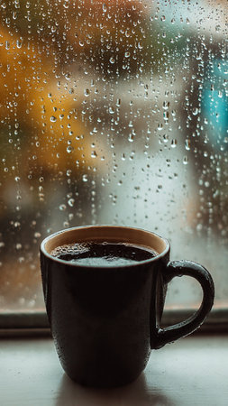 Cup of coffee with raindrops on the window, rainy dayの写真素材