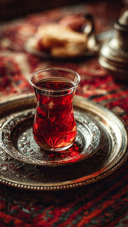 Turkish tea in a glass on a oriental table. Selective focus.