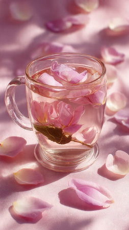 Rose tea in a glass cup with rose petals on pink backgroundの写真素材
