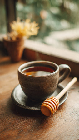 Cup of tea with honey on wooden table in cafeの写真素材