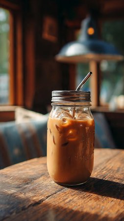 Iced coffee in a glass jar on a wooden table. Selective focus.の写真素材