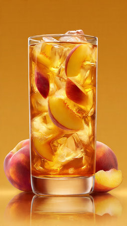 Glass of peach juice with ice cubes and peaches on yellow backgroundの写真素材