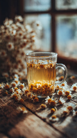 Cup of chamomile tea on a rustic wooden backgroundの写真素材