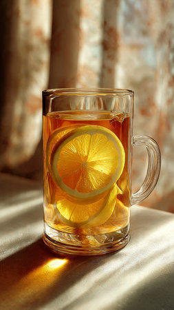 A glass of tea with lemon on a table in the sunlight.